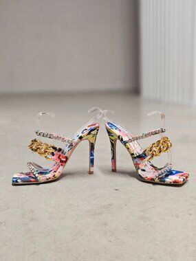 Floral Open-Toe High Heels With Rhinestone & Gold Chain Straps Multicolor Womens